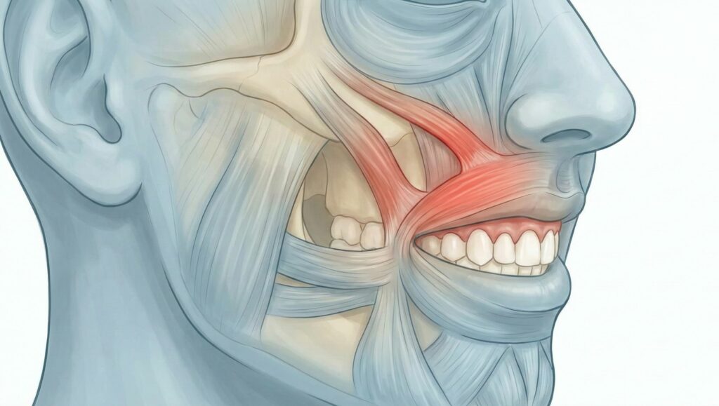 Struttura muscolare del viso. In evidenza il muscolo elevatore del labbro superiore