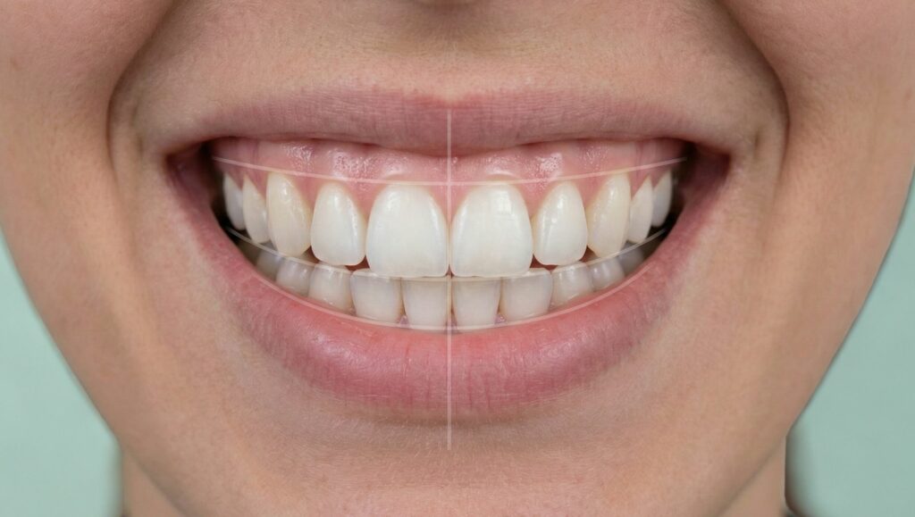Sorriso ideale con una leggera sovrapposizione di linee guida che indicano la simmetria.