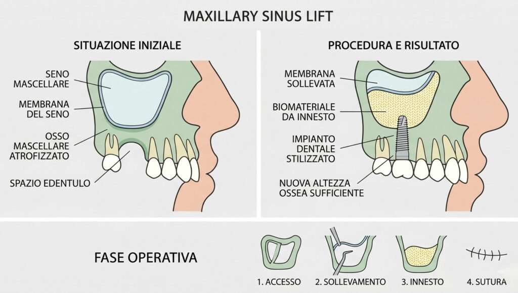 Uno schema medico-dentistico in italiano che illustra la procedura di "Maxillary Sinus Lift" (Rialzo del seno mascellare). L'immagine è divisa in tre sezioni. La sezione superiore è composta da due pannelli affiancati che mostrano il "prima" e il "dopo"